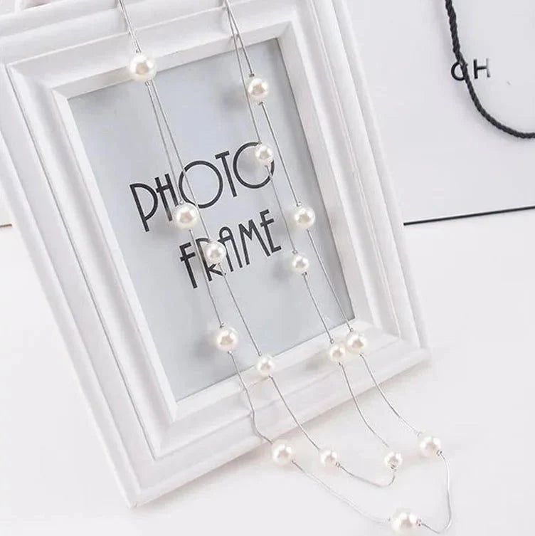 Long Double Necklace with Large White Pearls silver