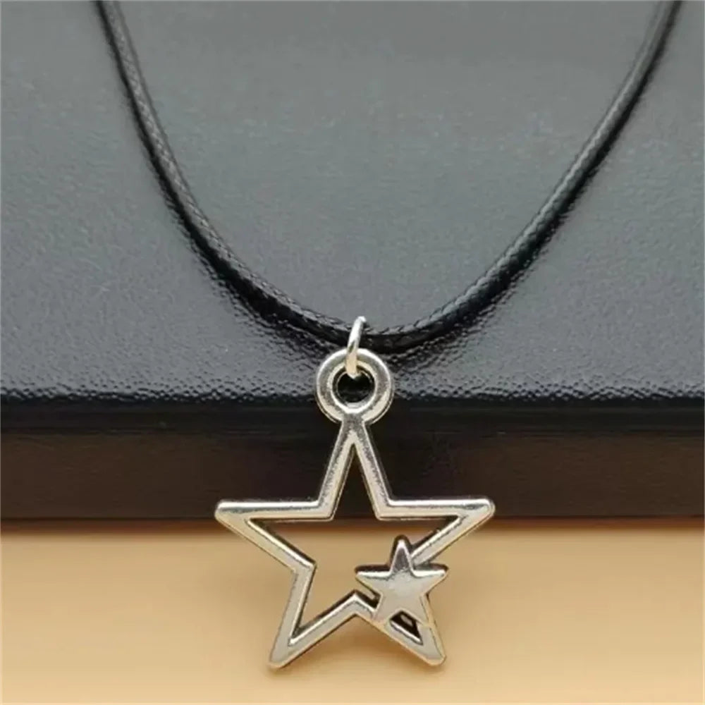 Double Star Pendant Leather Necklace