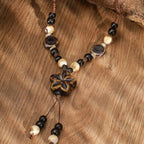 Beaded Necklace with Brown Flower Pendant