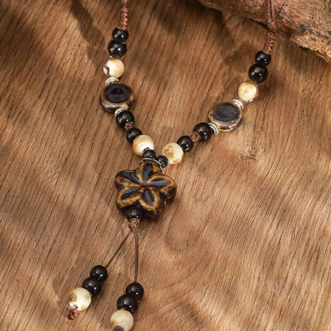 Beaded Necklace with Brown Flower Pendant