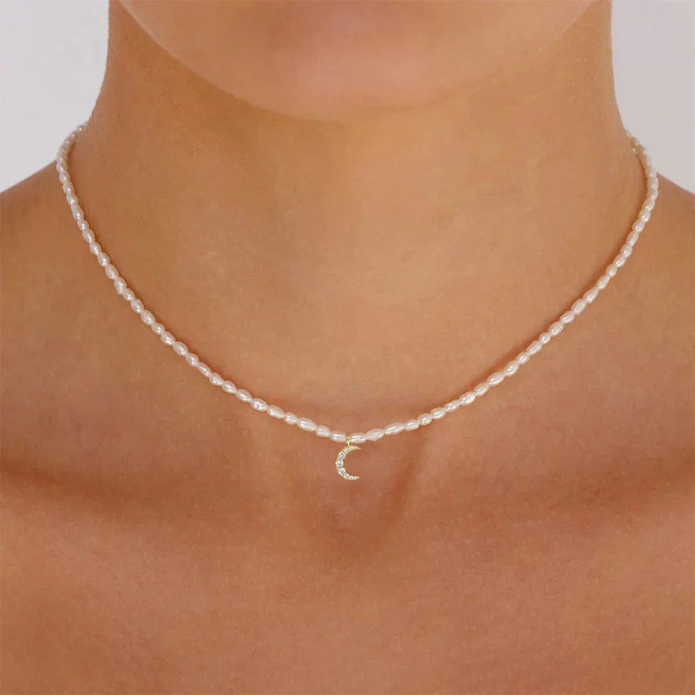Beaded Necklace with Moon Pendant
