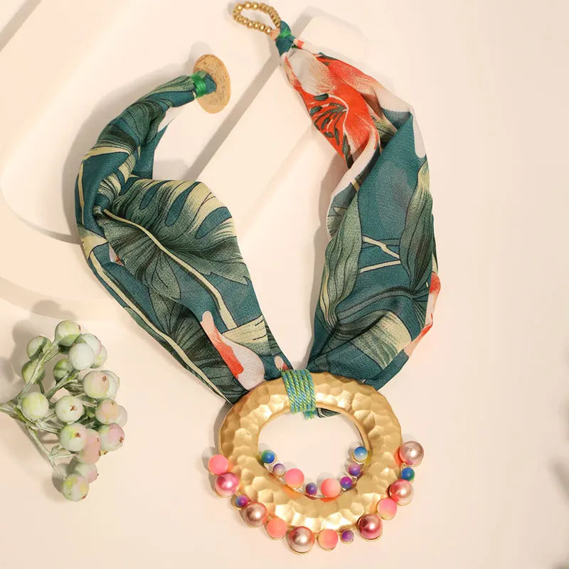 Fabric Necklace with Bohemian Chic Pendant Green
