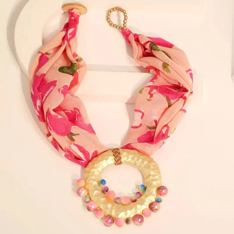 Fabric Necklace with Bohemian Chic Pendant Pink