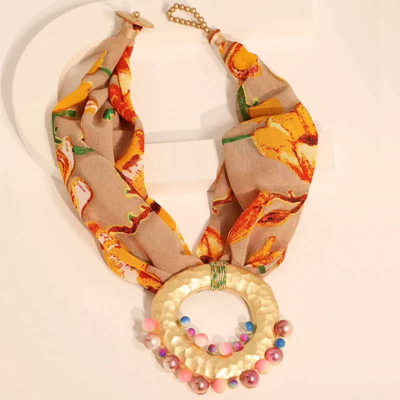 Fabric Necklace with Bohemian Chic Pendant Orange