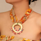 Fabric Necklace with Bohemian Chic Pendant Orange