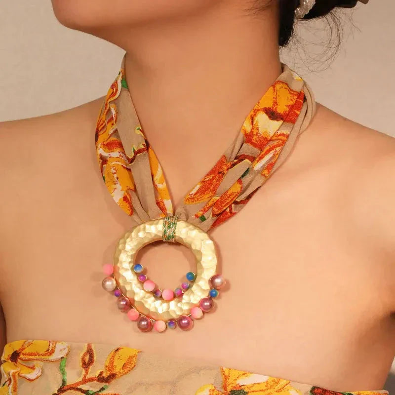 Fabric Necklace with Bohemian Chic Pendant Orange