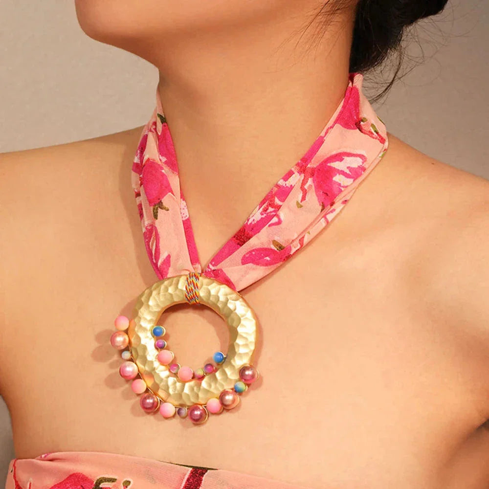 Fabric Necklace with Bohemian Chic Pendant Pink