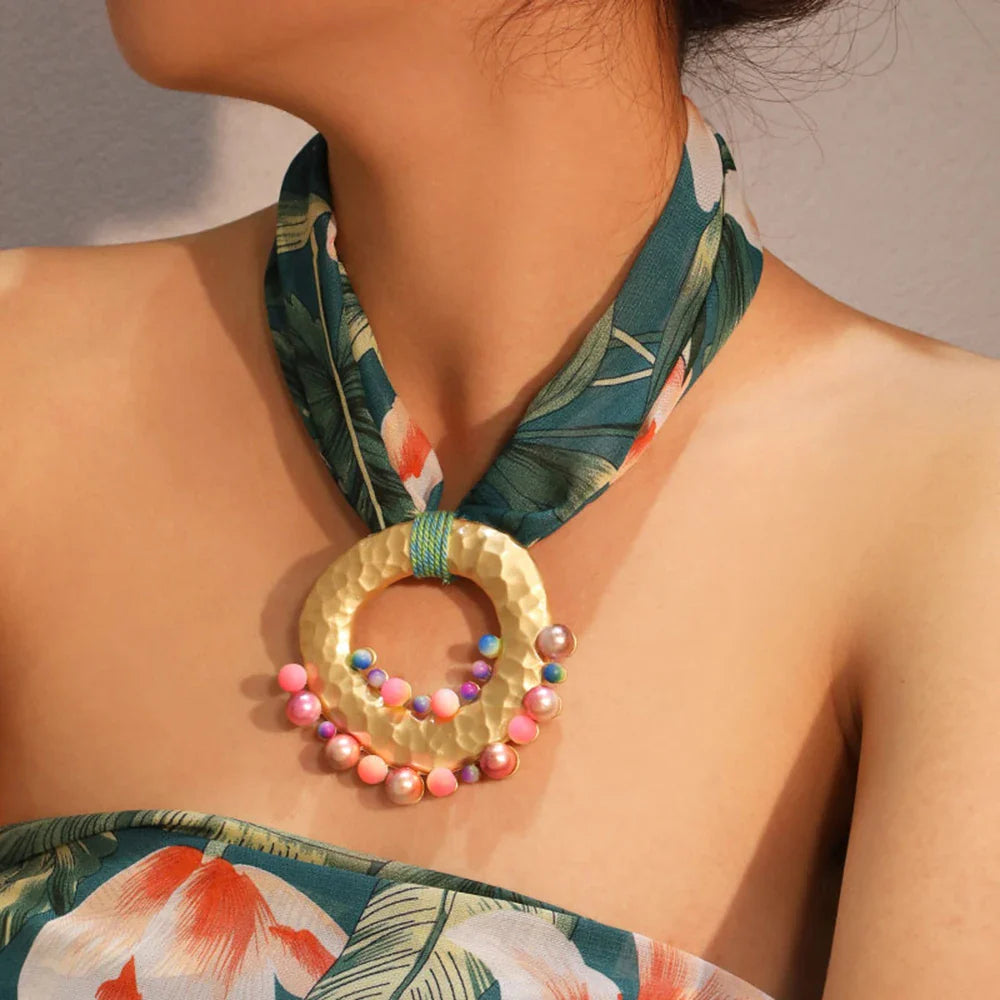 Fabric Necklace with Bohemian Chic Pendant Green