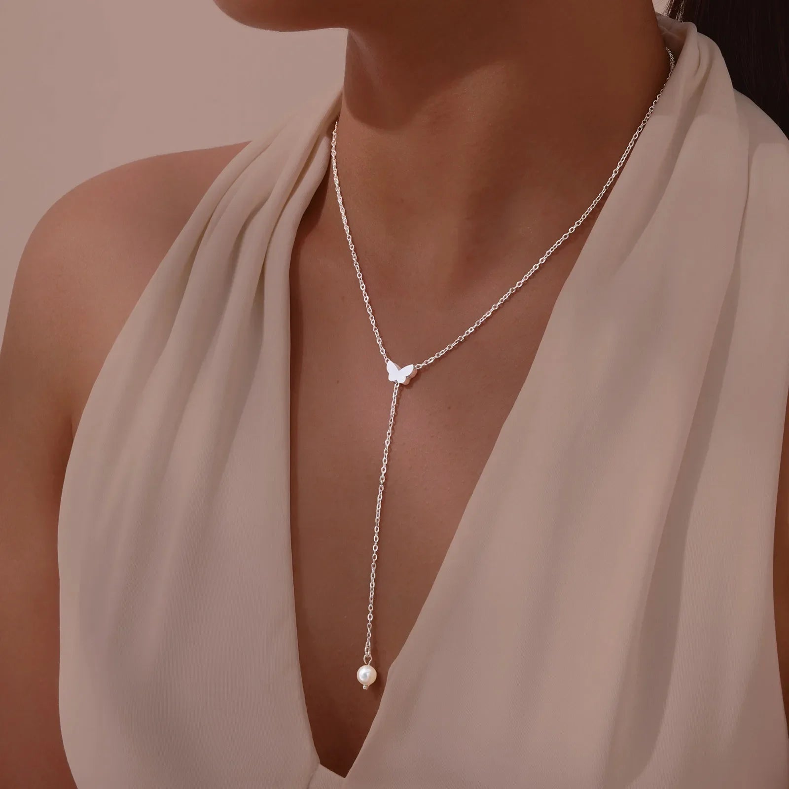 Y necklace - butterfly neckline chain for women silver