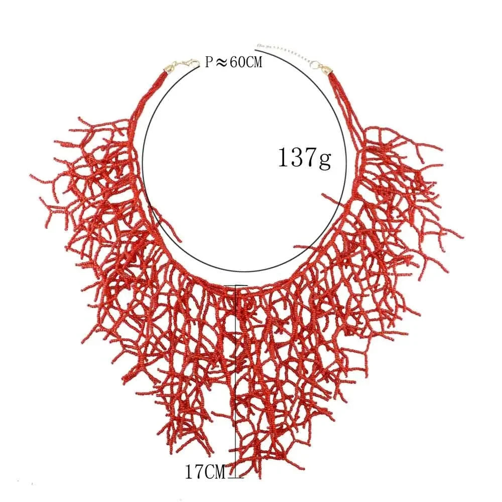 Coral red and black bib necklace and pendant