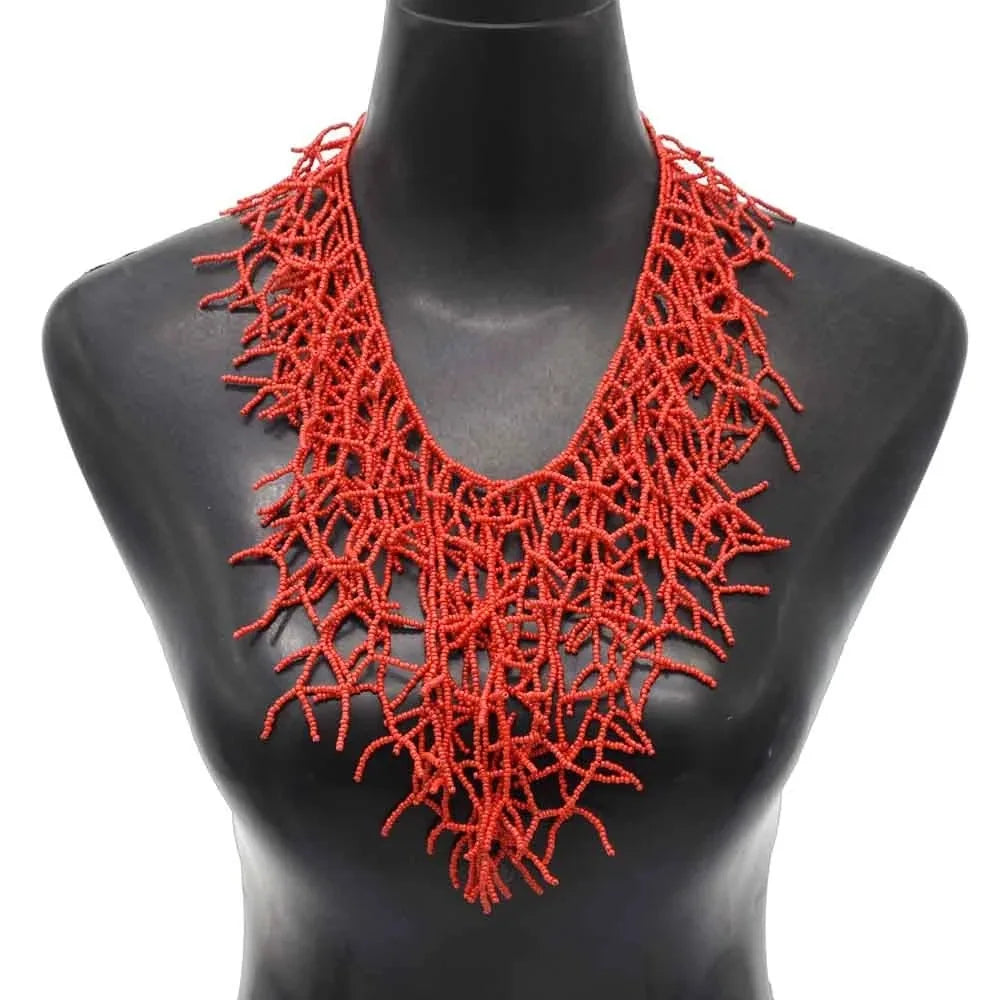 Coral red bib necklace and pendant