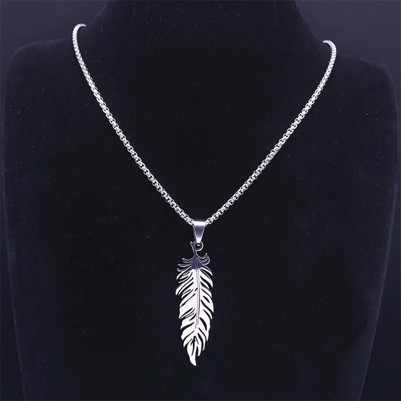 Silver stainless steel feather necklace and pendant