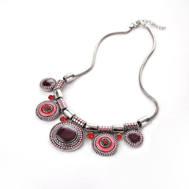 Ethnic Necklace Silver Turquoise Pink Red
