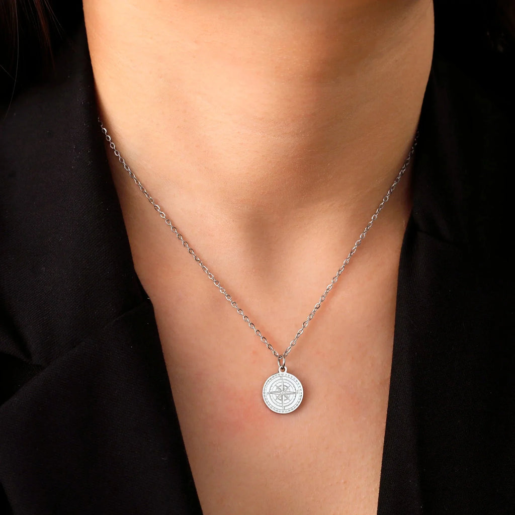 Women's Necklace Compass Pendant Wind Rose Cardinal Silver