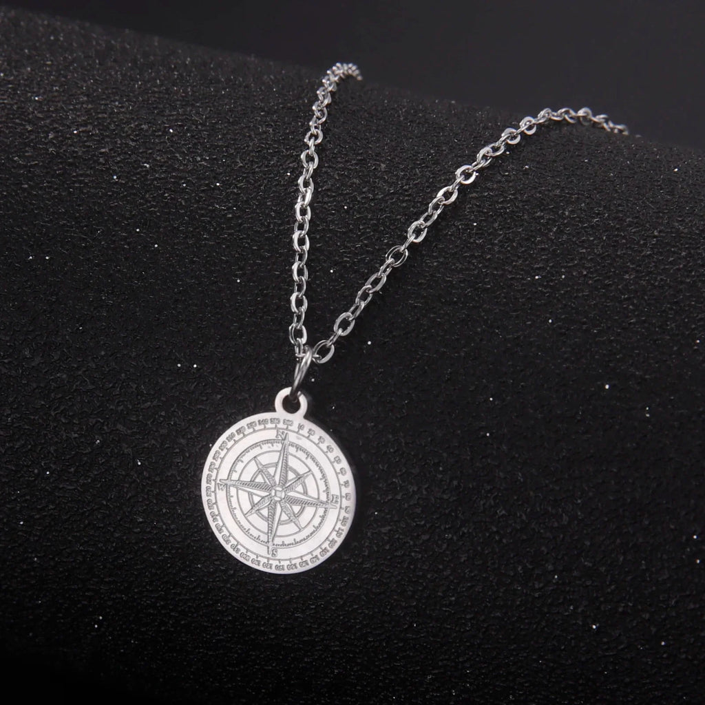 Women's Necklace Compass Pendant Wind Rose Cardinal Silver