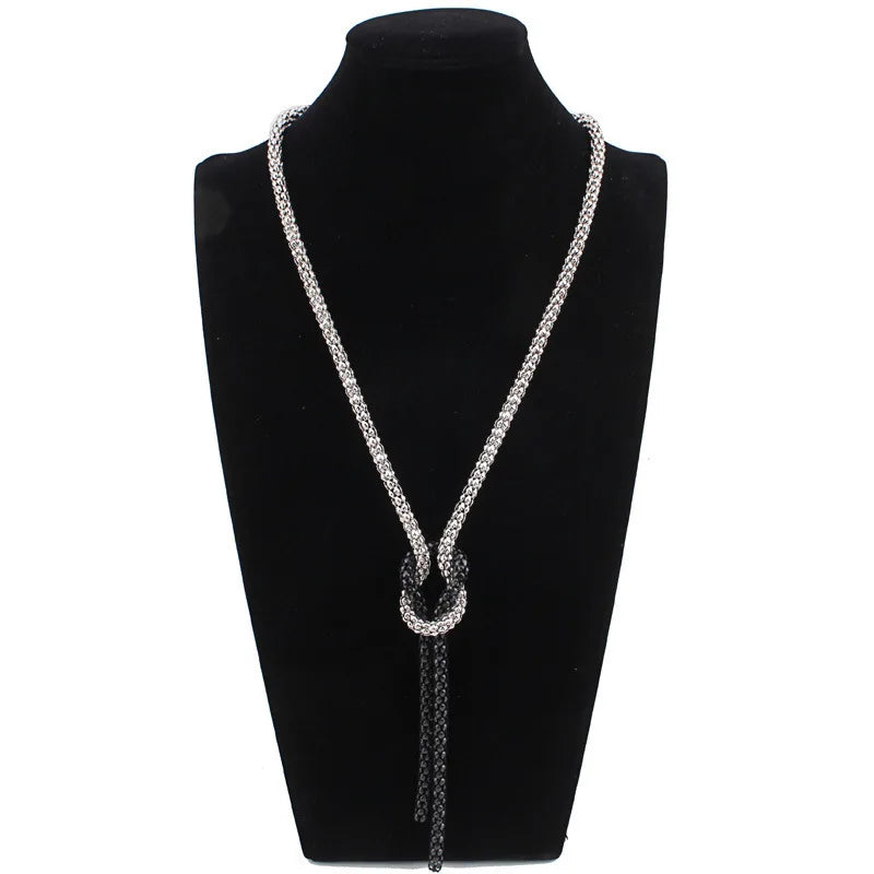 Long Necklace with Silver and Black Knot Pendant