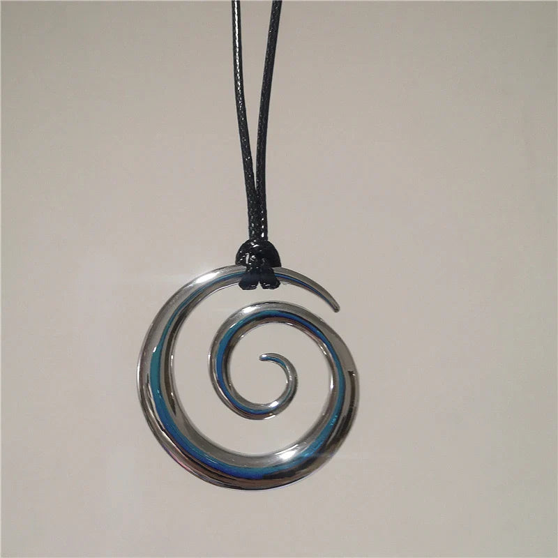 Long necklace with silver spiral pendant