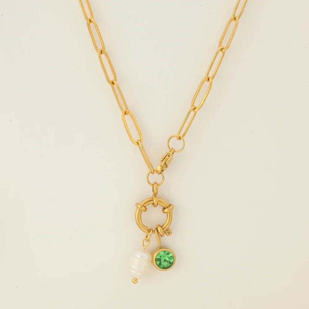 Link necklace with pearl pendant and August birthstone