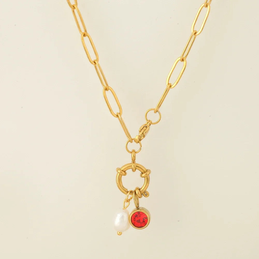 Link necklace with pearl pendant and January birthstone