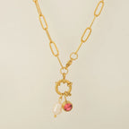 Link necklace with pearl pendant and July birthstone