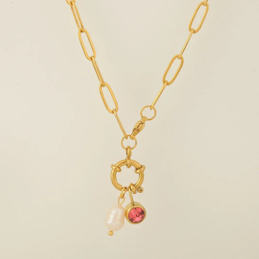Link necklace with pearl pendant and July birthstone
