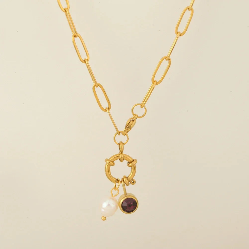 Link necklace with pearl pendant and May birthstone