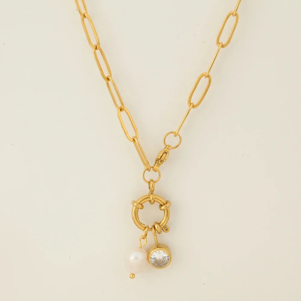 Link necklace with pearl pendant and March birthstone
