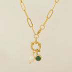 Link necklace with pearl pendant and May birthstone