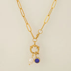 Link necklace with pearl pendant and September birthstone