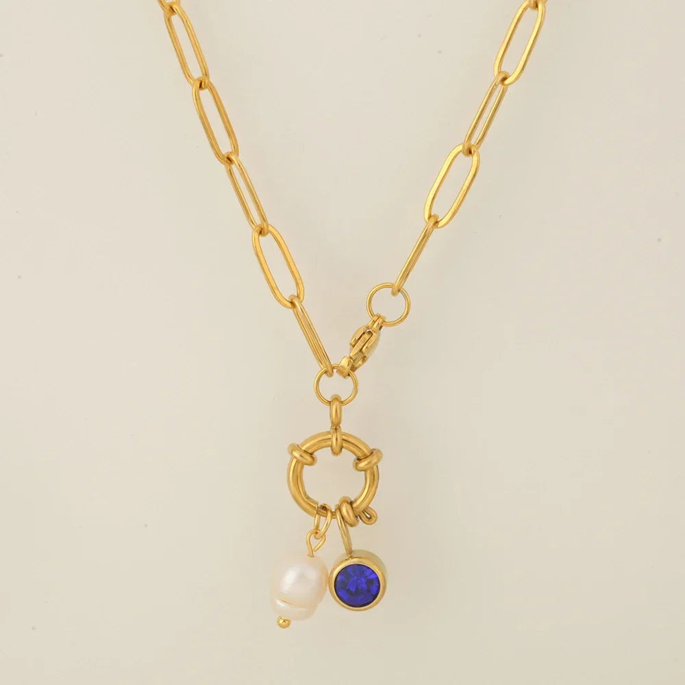 Link necklace with pearl pendant and September birthstone