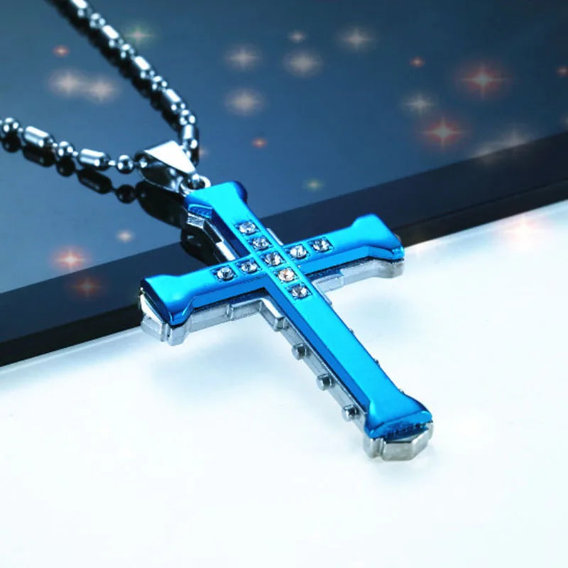 Blue Men's Cross Necklace & Pendant