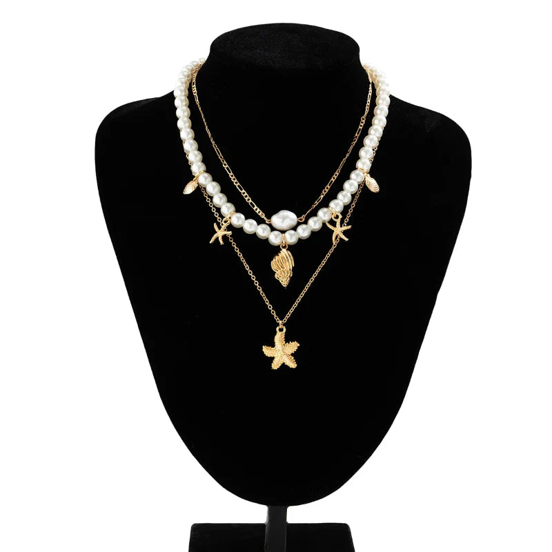 Multi-strand Necklace with Shell and Starfish Pendants