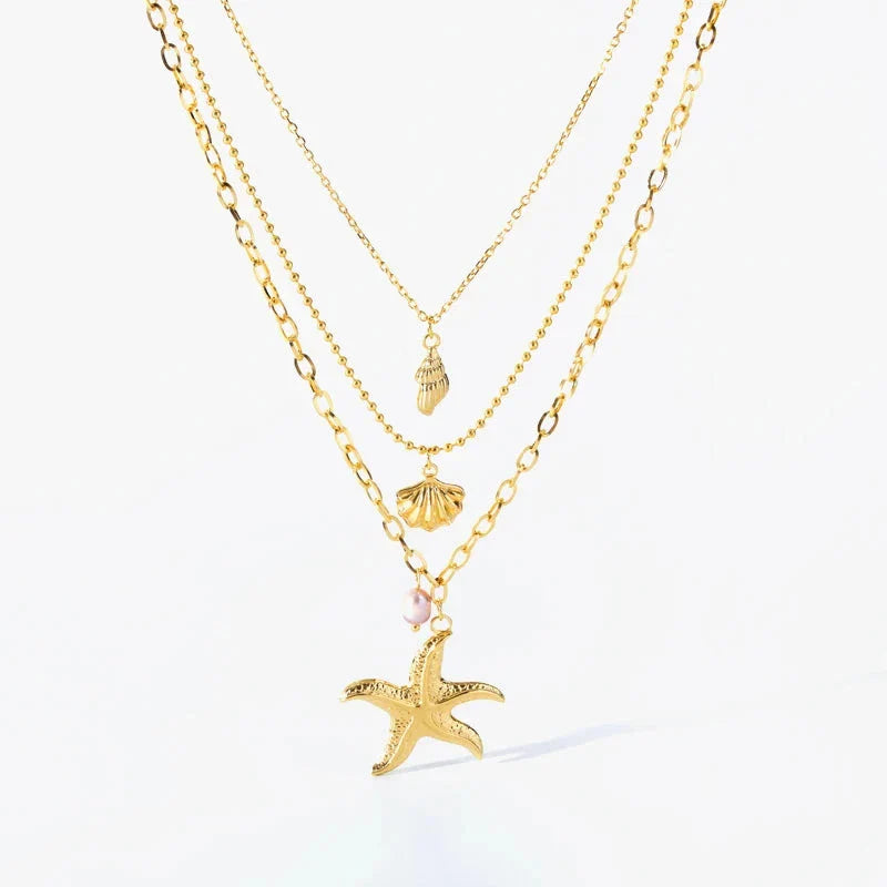 Multi-row Necklace with Shell Pendant Starfish Conch Scallop