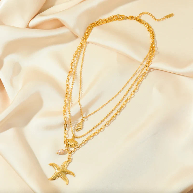 Multi-row Necklace with Shell Pendant Starfish Conch Scallop