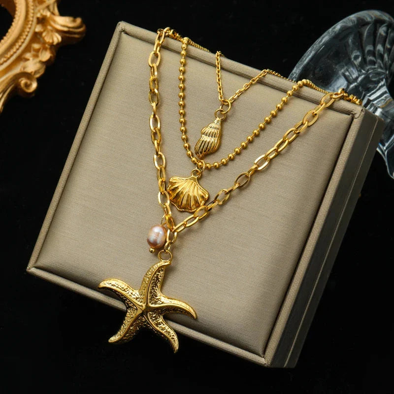 Multi-row Necklace with Shell Pendant Starfish Conch Scallop
