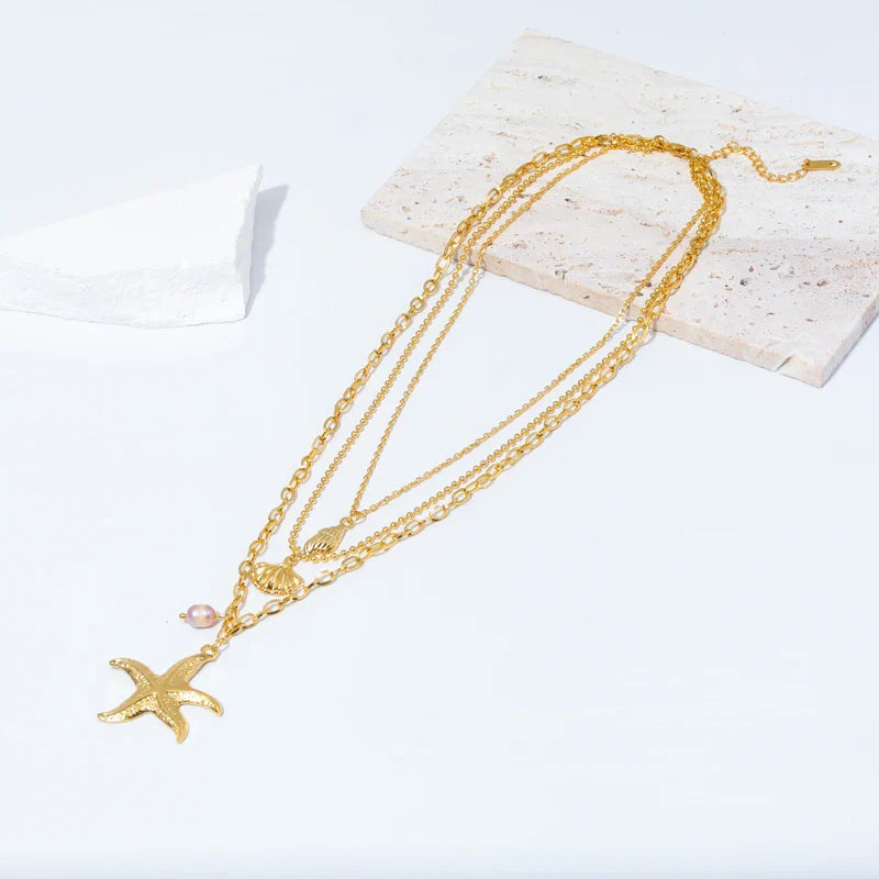 Multi-row Necklace with Shell Pendant Starfish Conch Scallop