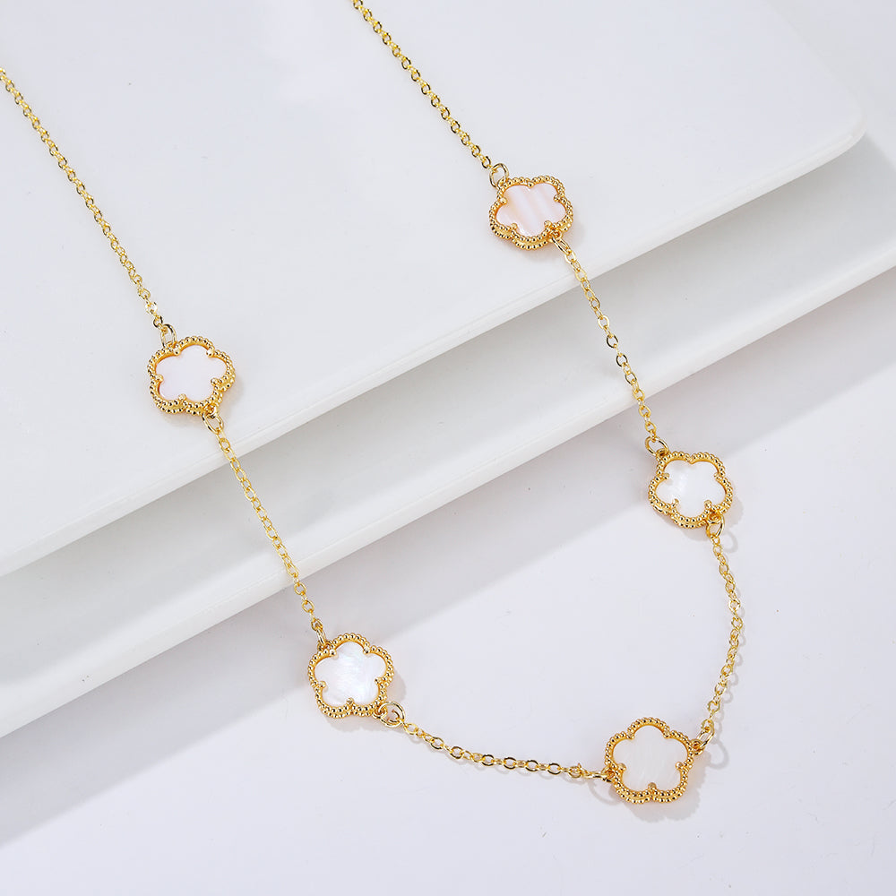 Gold Necklace White Mother-of-Pearl Clover Agate Gift Idea Women's Jewelry