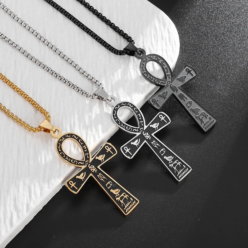 Silver Egyptian Ankh Cross Amulet Pendant Necklace