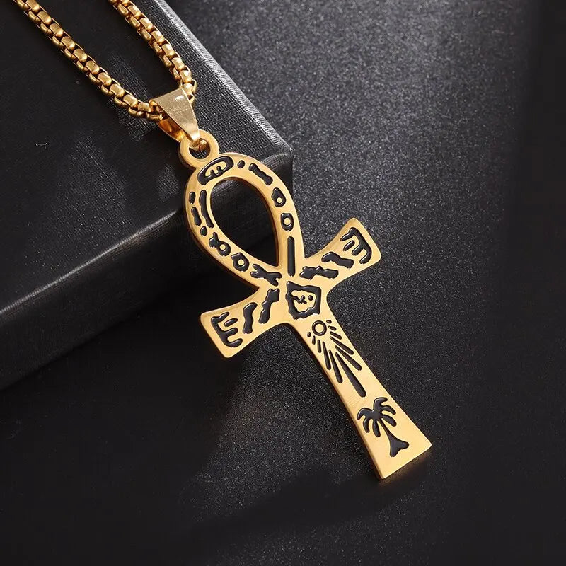 Gold Egyptian Ankh Cross Amulet Pendant Necklace Style 2