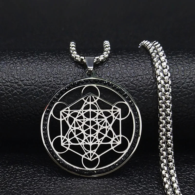 Metatron's Cube Pendant Necklace with Black Crystal
