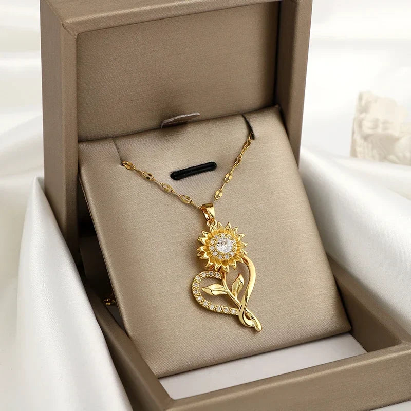 Pendant Necklace with Heart and Rotating Sunflower Anti-Stress