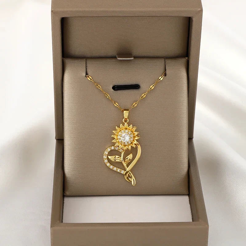 Pendant Necklace with Heart and Rotating Sunflower Anti-Stress