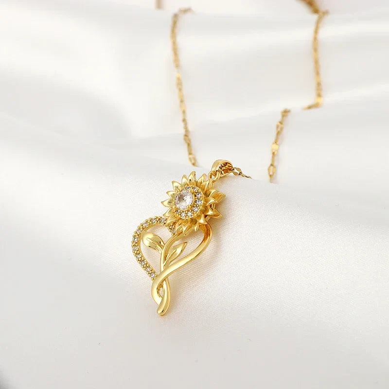 Pendant Necklace with Heart and Rotating Sunflower Anti-Stress