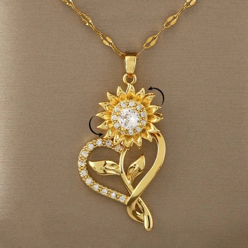 Pendant Necklace with Heart and Rotating Sunflower Anti-Stress