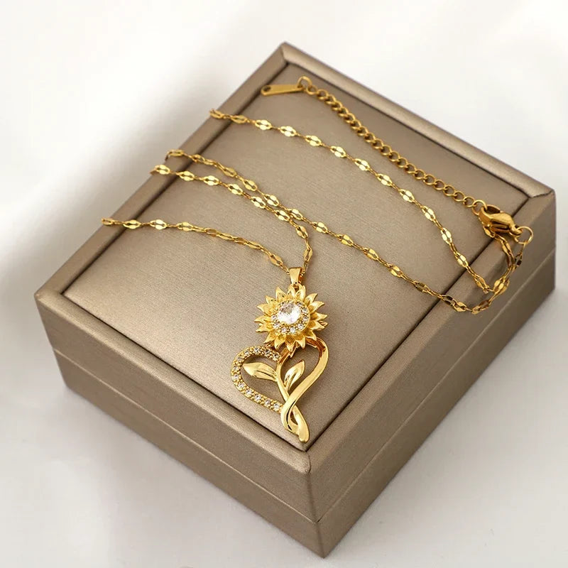 Pendant Necklace with Heart and Rotating Sunflower Anti-Stress