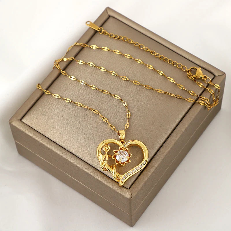 Necklace Pendant with Heart and Rotating Stress-Relief Flower