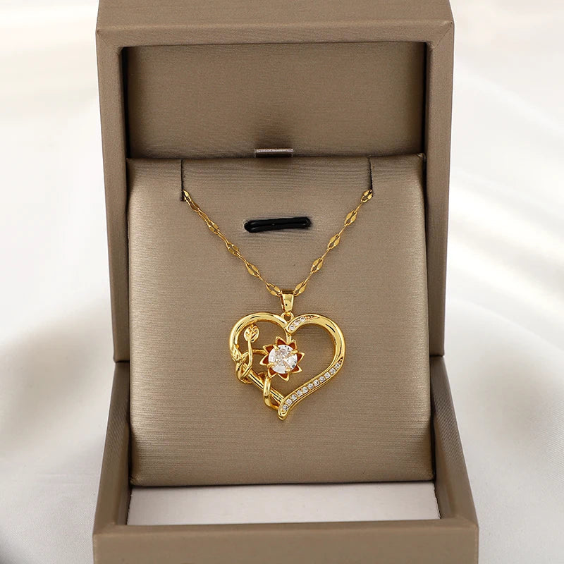 Necklace Pendant with Heart and Rotating Stress-Relief Flower