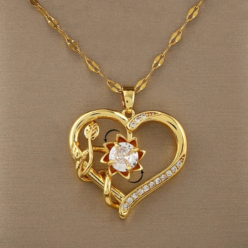 Necklace Pendant with Heart and Rotating Stress-Relief Flower