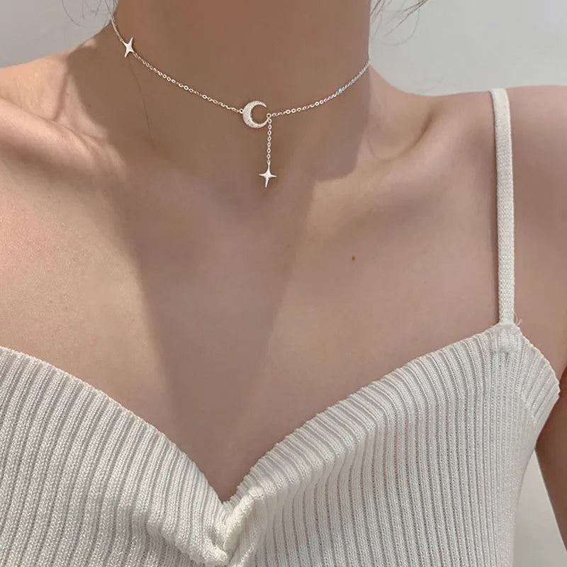 Pendant Necklace with Zircon Moon and Stars