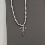 Pendant Necklace with Gray Pearls and Bow Tie 